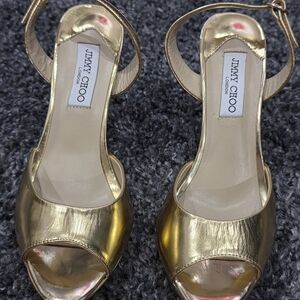 Jimmy Choo Gold Leather Slingback Stiletto Sandals